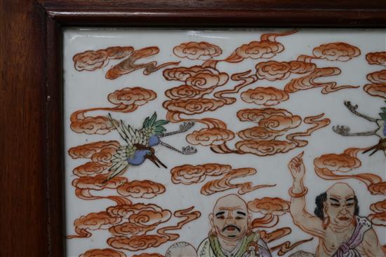 A Chinese famille rose plaque, five luohan